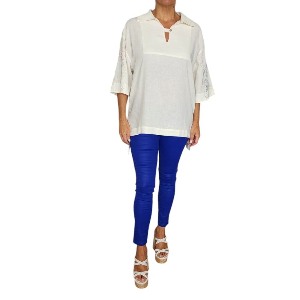 Women's Beige Embroidered Tunic Top, 3/4 Sleeve, Keyhole Neck, Boho Style